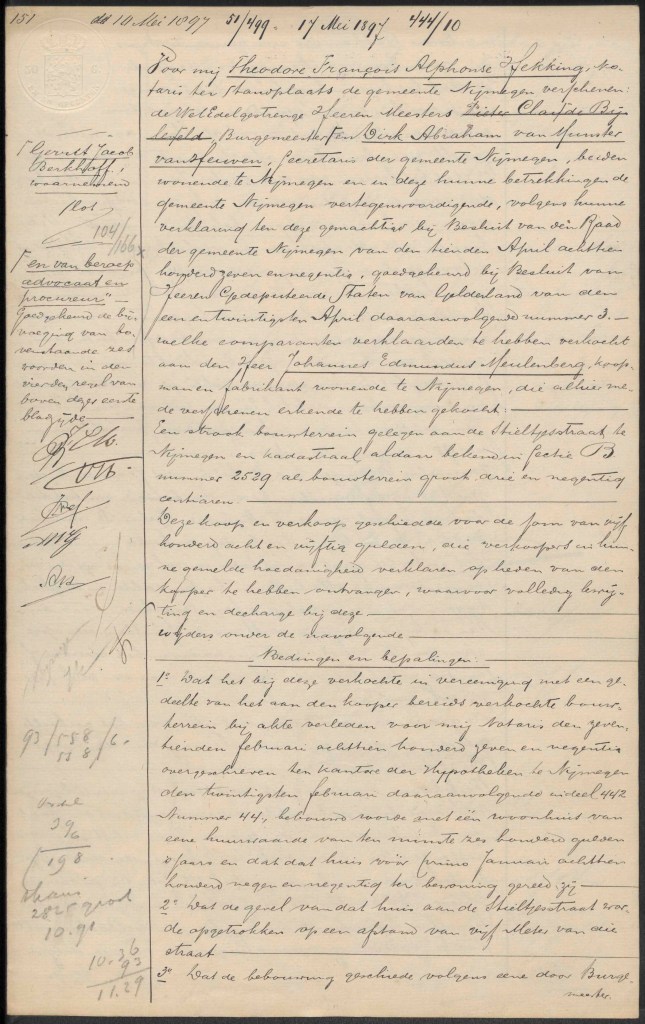 Notariële akte (koopakte) d.d. 10 mei 1897,Koop door J.E. Meulenberg van de gemeente Nijmegen van een strook bouwterrein aan den Stieltjesstraat
