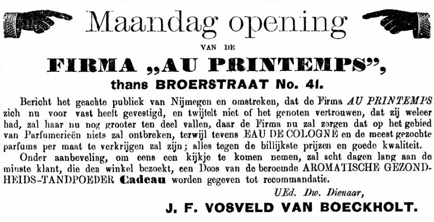 Advertentie Au Printemps Broerstraat (PGNC 28/2/1892)
