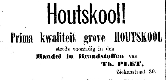 Advertentie Th. Plet voor houtskool, Ziekenstraat 39 (PGNC 10/3/1888)