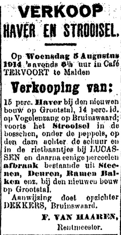 Advertentie verkoop haver en stro en afbraakmaterialen bij "nieuwen bouw op Grootstal" (De Gelderlander 2/8/1914)