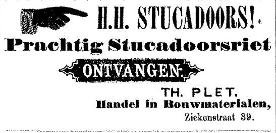 Advertentie Th. Plet voor stucadoorsriet, Ziekenstraat 39 (PGNC 10/3/1888)