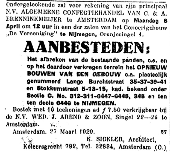 Advertentie Aanbesteding C & A (De Gelderlander 27/3/1929)