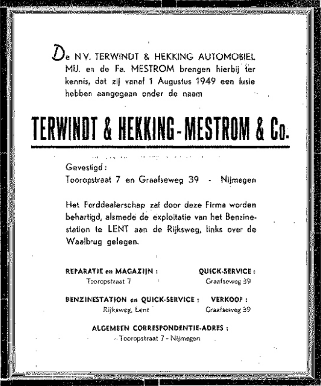 Advertentie fusie garage Terwindt en Hekking met Mestrom (De Gelderlander 1/8/1949)