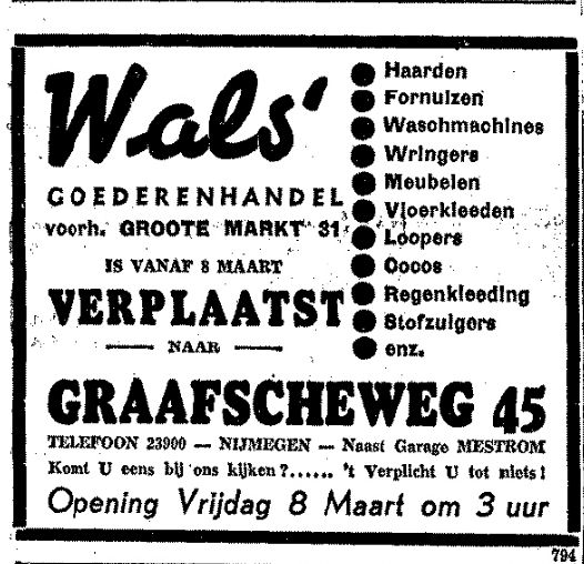 Advertentie verhuizing Wals' Goederenhandel naar Graafseweg (De Gelderlander 7/3/1940)