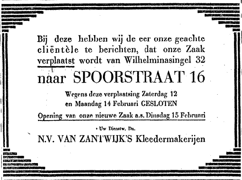 Verhuisbericht van Zantwijk vanuit Wilhelminasingel naar Spoorstraat (De Gelderlander 10/2/1927)
