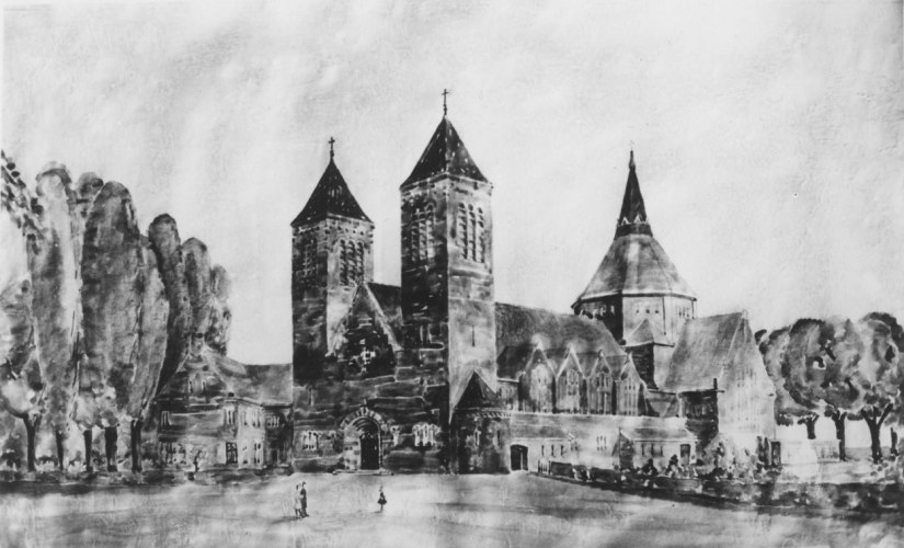 Een tekening van de Lourdeskerk zoals deze had moeten worden; een reproductie ; in 1924/1925 is enkel de koepel (rechts) en het achterste deel van de kerk gebouwd ; in 1948/1949 volgde het schip en de definitieve voorgevel ; de twee torens (links) zullen nooit worden gerealiseerd, Hatertseweg 113 St. Anna, 1920-1923 (F13724 RAN)
