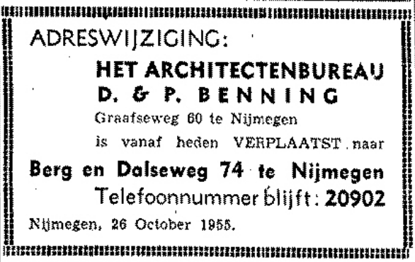 Advertentie adreswijziging Architenbureua D. & P. Benning (De Gelderlander 27/10/1955)