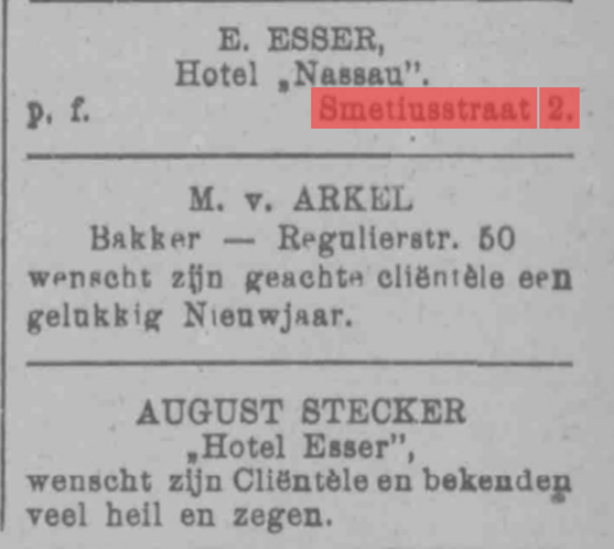 Nieuwsjaarswensen: boven E. Esser van Hotel “Nassau” aan de Smetiusstraat 2; August Stecker van “Hotel Esser” (PGNC 31/12/1925)