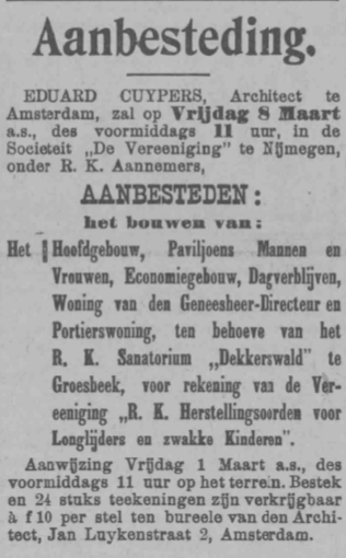 Aankondiging aanbesteding Dekkerswald (PGNC 22/2/1912)