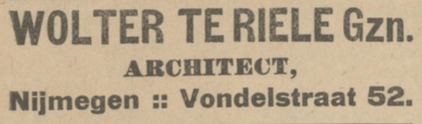 Advertentie Wolter te Riele (Provinciale Geldersche en Nijmeegsche courant, 28-8-1912)