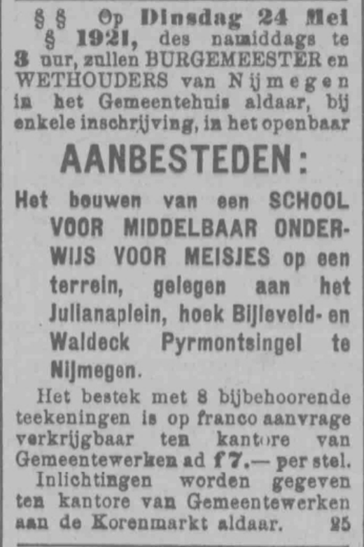 Advertentie aanbesteding van School voor Middelbaar Onderwijs voor Meisjes, PGNC 14/5/1921