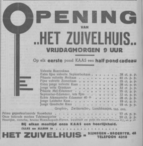 Advertentie opening Het Zuivelhuis op Broerstraat 48, PGNC 13/1/1938
