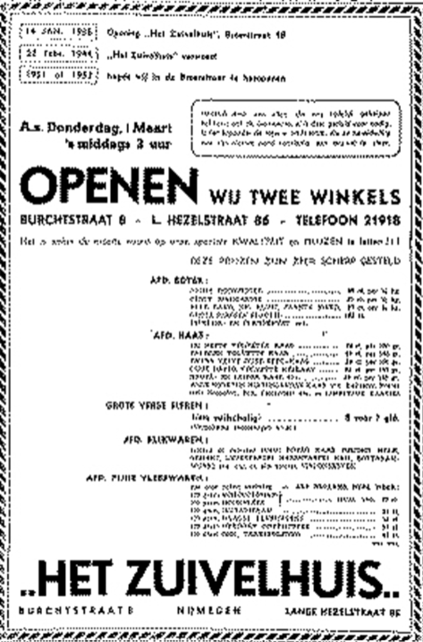 Advertentie Opening Het Zuivelhuis in de Burchtstraat en Lange Hezelstraat (De Gelderlander 28/2/1951)