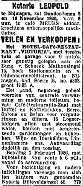 Aankondiging veiling Hotel Victoria (De Gelderlander 24/10/1925)