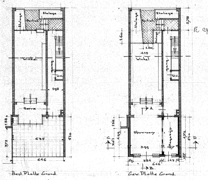 Plan tot het aanbouwen van een Showroom aan het perceel gelegen aan de v. Welderenstr, Arch. Bur. J.D.A. Okhuysen, datum bouwdossier 14-5-1958 (D12.432094).