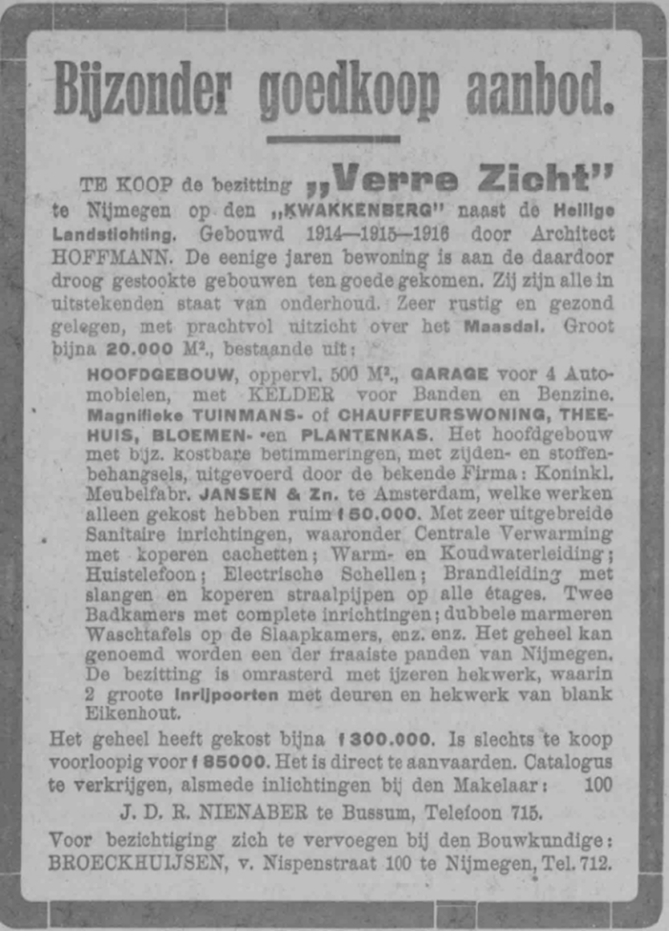Villa Verre Zicht staat te koop (PGNC 19/5/1923)