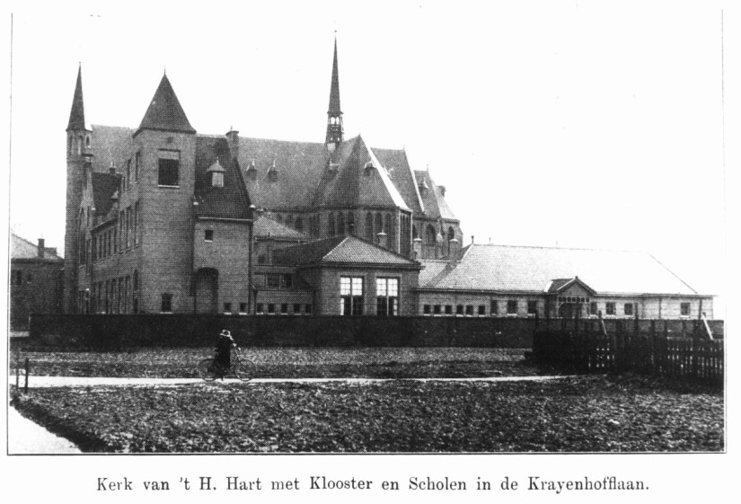 Kerk van 't Heilig Hart met klooster en de Rooms Katholieke Meisjesschool en bewaarschool van de Zusters Dominicanessen van Neerbosch, Krayenhofflaan 275 Biezen, 1910-1912 (F78682 RAN)