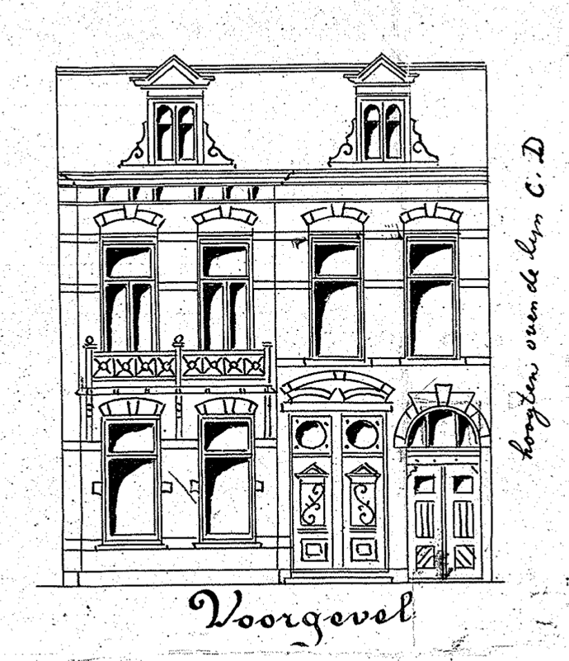 Bouwtekening Vondelstraat 22-26, bij de handtekening van de burgemeester staat 4-10-1901 (D12.378252)