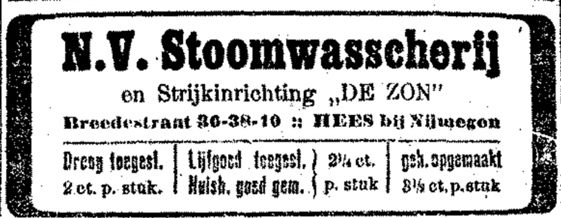 Advertentie N.V. Stoomwasscherij en Strijkinrichting "De Zon" (De Gelderlander 18/4/1915)