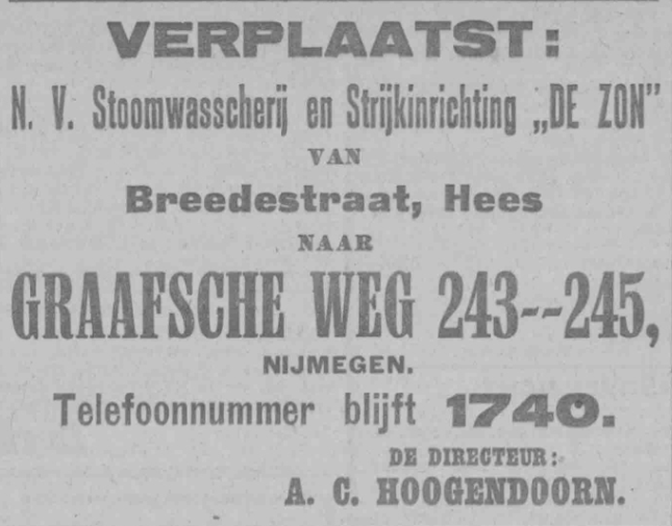 Advertentie verhuizing Stoomwasscherij en Strijkinrichting de Zon naar de Graafseweg (PGNC 15/12/1919)