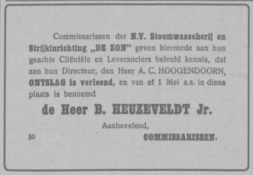 Advertentie benoeming directeur B. Heuzeveldt Jr. (PGNC 26/4/1924)