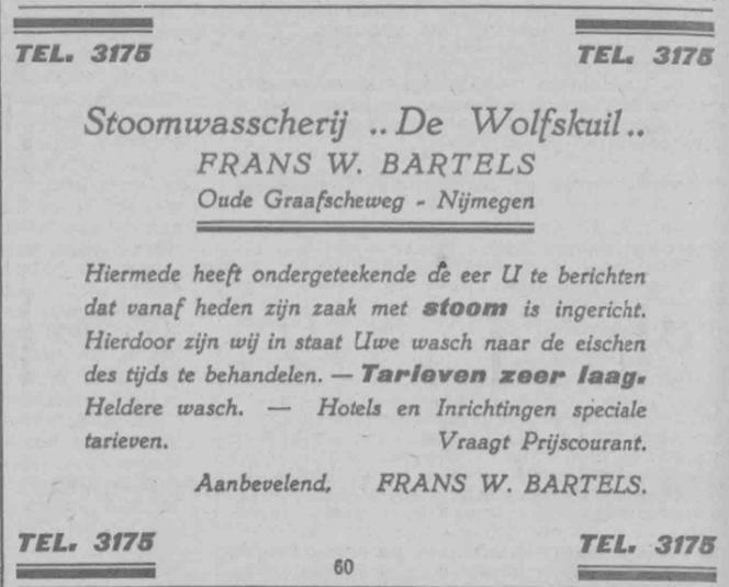 Advertentie Stoomwasscherij ..De Wolfskuil .. Frans W. Bartels (PGNC 27/1/1931)