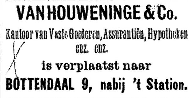 Advertentie verhuizing Van Houweninge & Co naar Bottendaal 9 (De Gelderlander 4/5/1893)