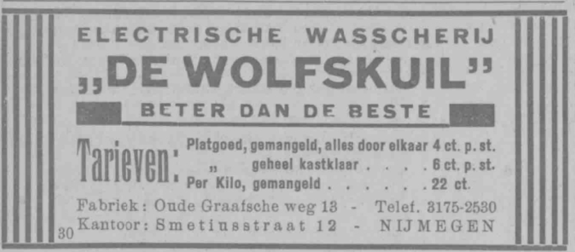 Advertentie Electrische Wasscherij de Wolfskuil (PGNC 6/3/1930)