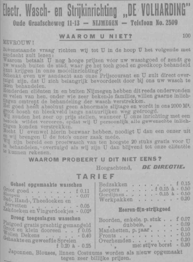 Advertentie Electr. Wasch- en Strijkinrichting "De Volharding": "Waarom u niet?" (PGNC 1/11/1924)