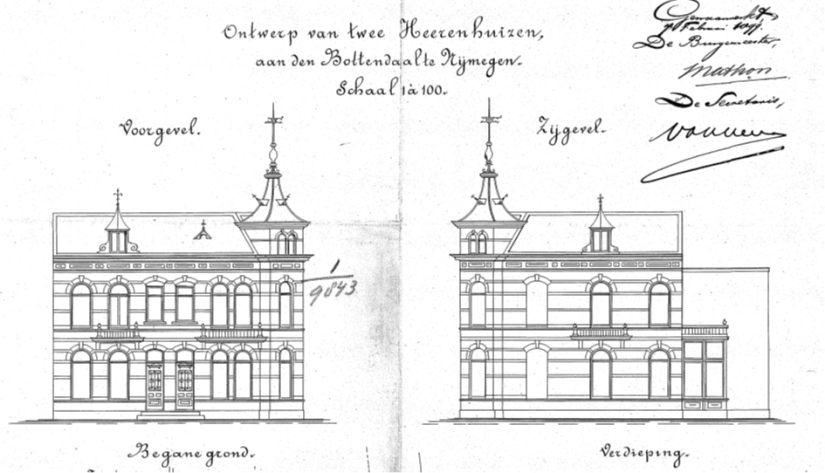 Ontwerp van twee Heerenhuizan aan den Bottendaal, De Uitvoerder is G. Buskens, Datum op tekening 7 Februari 1899 (D12.377882)