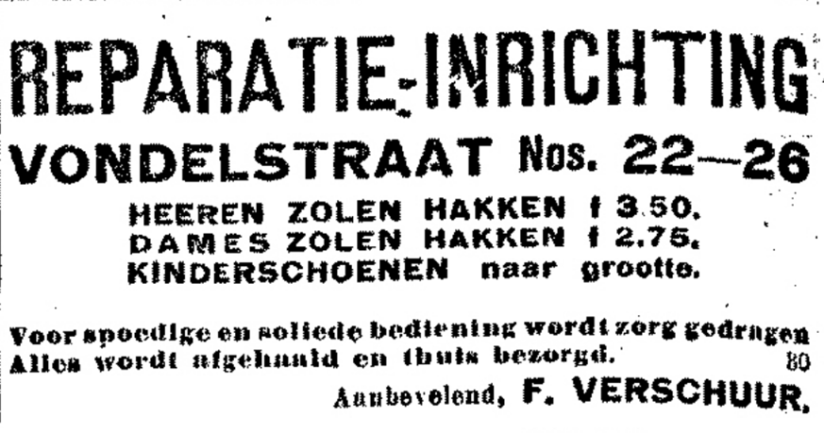 Advertentie schoenreparaties F. Verschuur Vondelstraat 22-26 (De Gelderlander 1/3/1919)