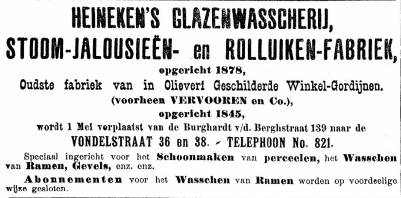 Advertentie Heineken's Glazenwasscherij, Vondelstraat 36-38 (PGNC 27/4/1902)