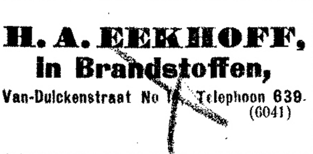 Advertentie H.A. Eekhoff, in Brandstoffen van Dulckenstraat (De Gelderlander 2/12/1899)