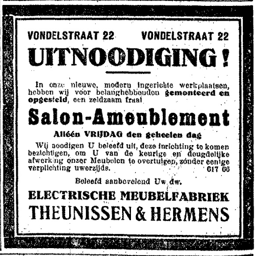 Advertentie Electrische Meubelfabriek Theunissen & Hermens (De Gelderlander 17/7/1924)