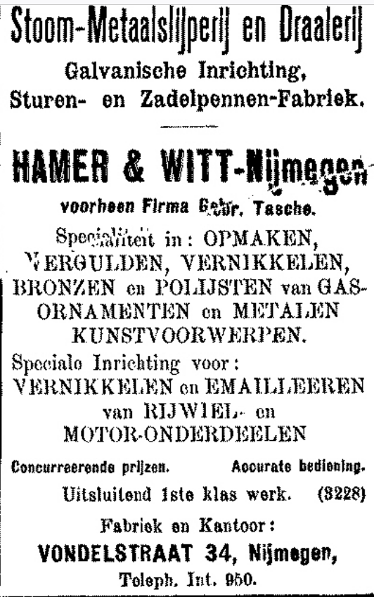 Advertentie bedrijf Hamer & Witt-Nijmegen, voorheen Firma Gebr. Tasche  (De Gelderlander 3/5/1903)