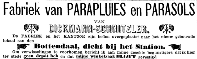 Advertentie verplaatsing parapluie fabriek Hickmann-Schnitzler (PGNC 26/5/1889)