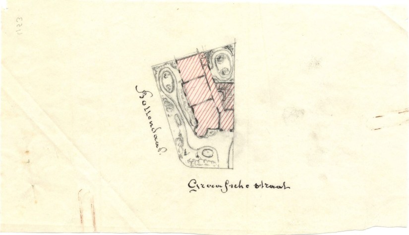 Perceel aan de Graafsestraat hoek Bottendaal, verkocht aan Wiegerink
Linksboven op achterzijde met potlood geschreven: 453, 1/1/1888-31/12/1888 (KPU-453 RAN)