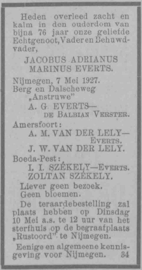 Overlijdensadvertentie J.A.M. Everts (PGNC 7/5/1927)