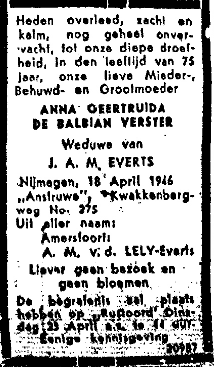 Overlijdensadverentie A.G. de Balban-Verster (De Gelderlander 20/4/1946)
