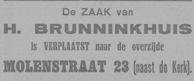 Advertentie verhuizing Brunninkhuis naar Molenstraat 23 (PGNC 25/5/1918)
