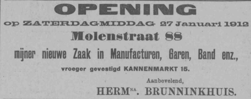 Advertentie aankondiging verhuizing Brunninkhuis naar Molenstraat 88 (PGNC 27/1/1912)