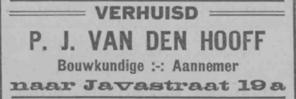 Advertentie verhuizing P.J. v.d. Hooff naar Javastraat 19a (PGNC 22/2/1914)