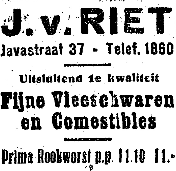 Advertentie J. van Riet, Javastraat 37 (De Gelderlander 4/11/1926)