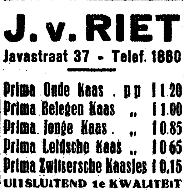Advertentie J. van Riet, Javastraat 37 (De Gelderlander 4/11/1926)