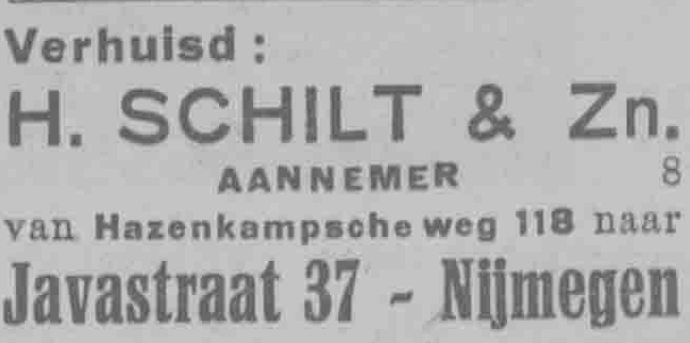 Advertentie verhuizing H. Schilt & Zn naar Javastraat 37 (PGNC 24/12/1930)