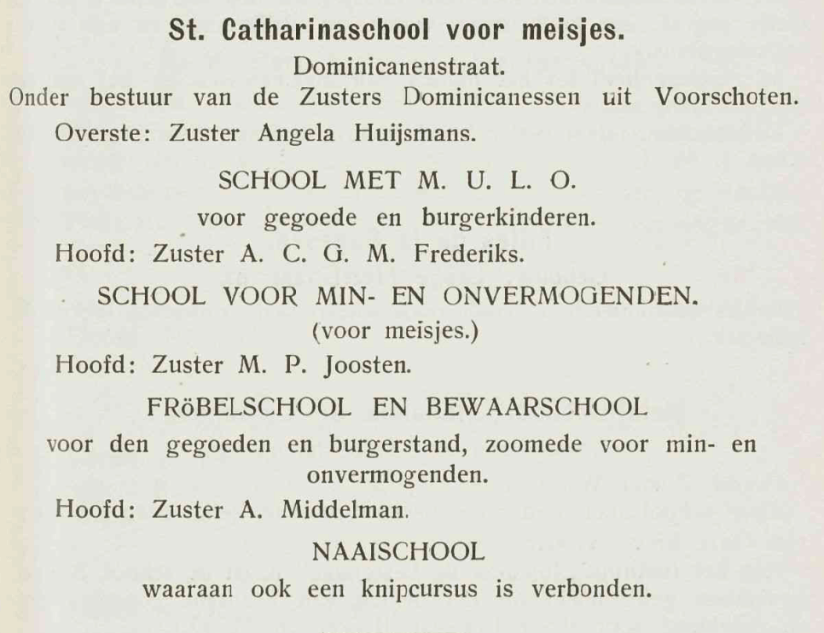 De verschillende scholen van St. Catharinaschool voor meisjes aan de Dominicanenstraat in het Adresboek 1914-1915