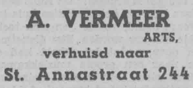 Advertentie verhuizing Vermeer naar St. Annastraat 244 (PGNC 1/9/1938)