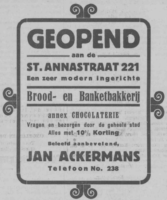 Advertentie opening Jan Ackermans St. Annastraat 221 (PGNC 30/7/1932)