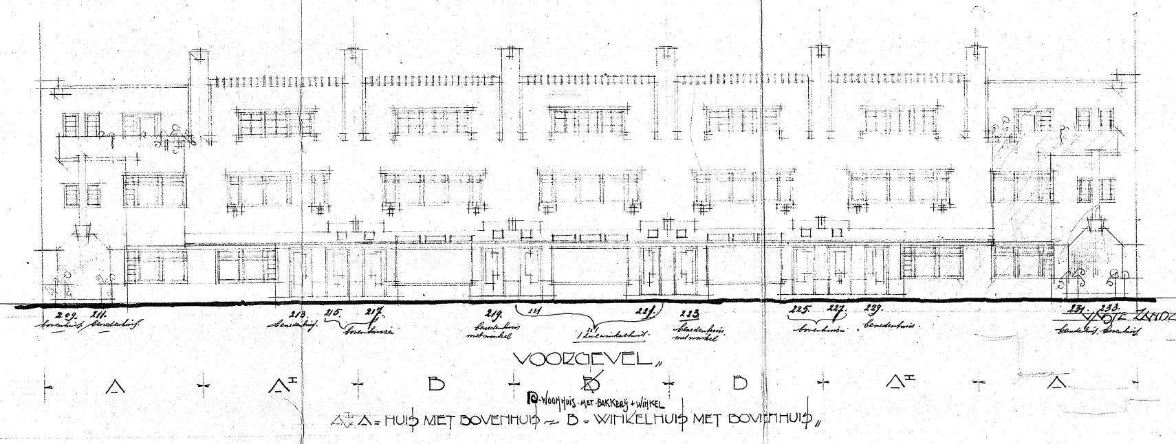 Plan tot het bouwen van vier Huizen met Bovenhuizen,-Twee Winkelhuizen met Bovenhuizen en een Bakkerij, met Woning, Architect Charles Estourgie, Datum bouwdossier 8-7-1932, St. Annastraat 209-233 (D12.398378)