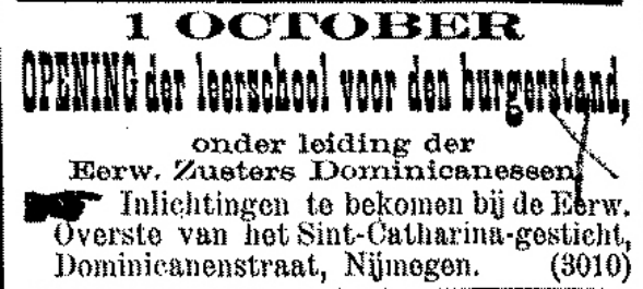 Advertentie opening school Sint-Catharina-gesticht Dominicanenstraat (De Gelderlander 23/9/1897)